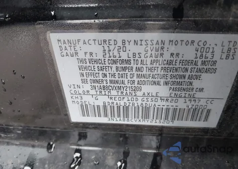 2021 Nissan Sentra Sv Xtronic Cvt из США, поврежденный, VIN 3N1AB8CVXMY215209